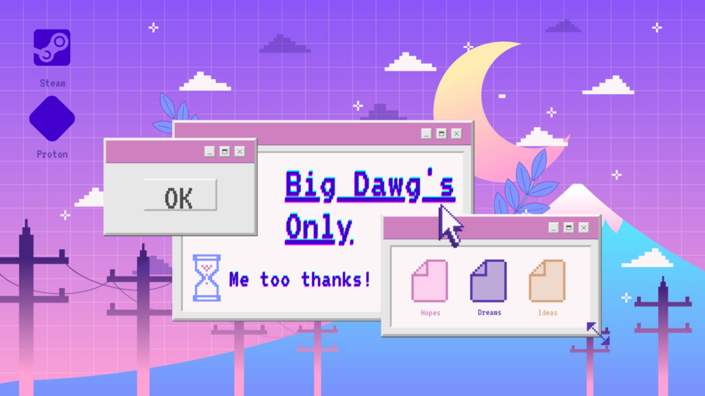 Vaporwave style desktop with multiple windows open. The main window says "Big Dawg's Only"