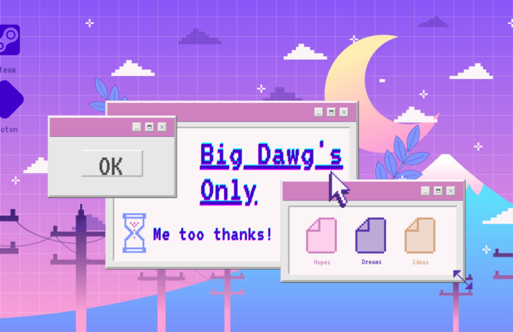 Vaporwave style desktop with multiple windows open. The main window says "Big Dawg's Only"